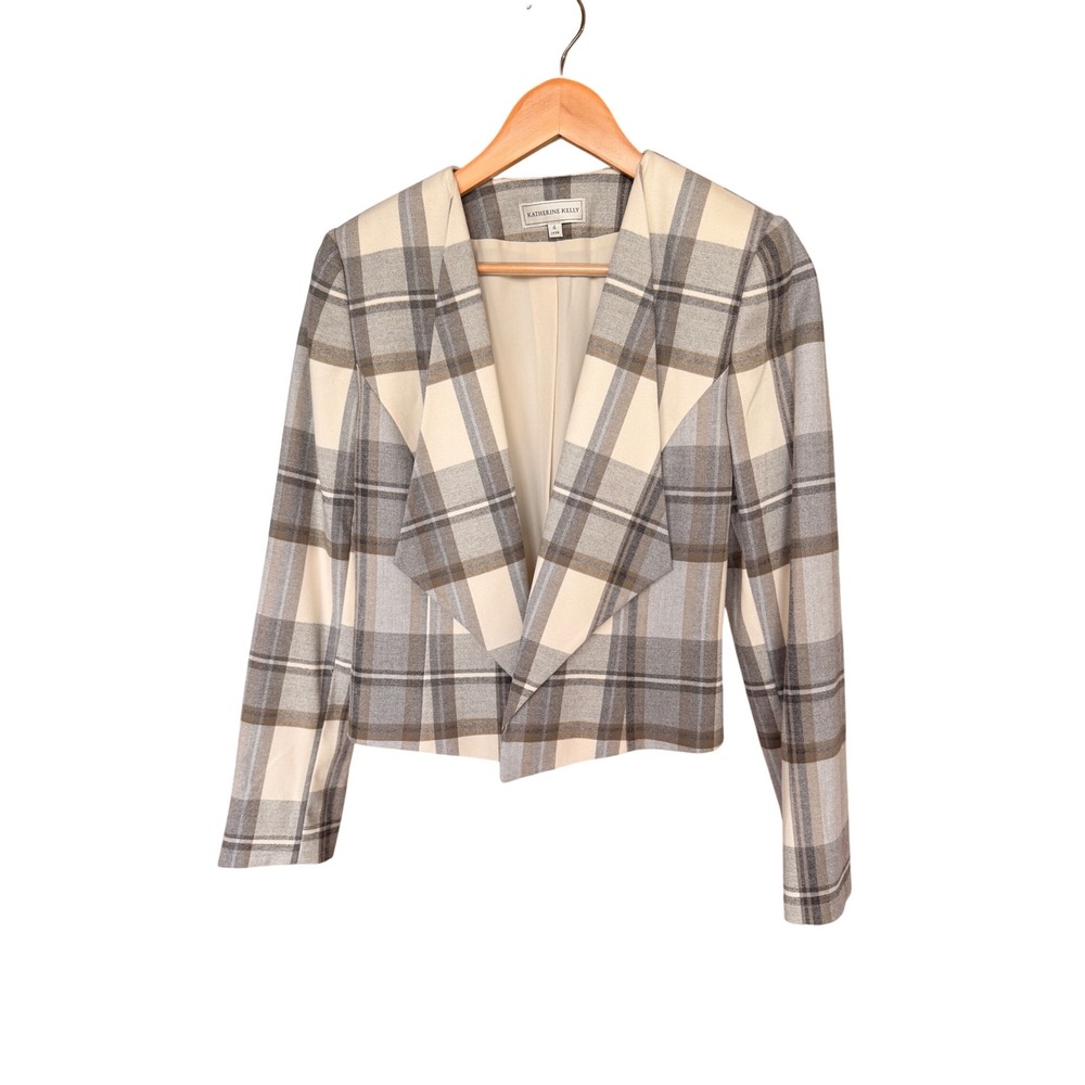 Katherine Kelly Women's Tilia Jacket Plaid Blazer Ivory Grey Size 4‎